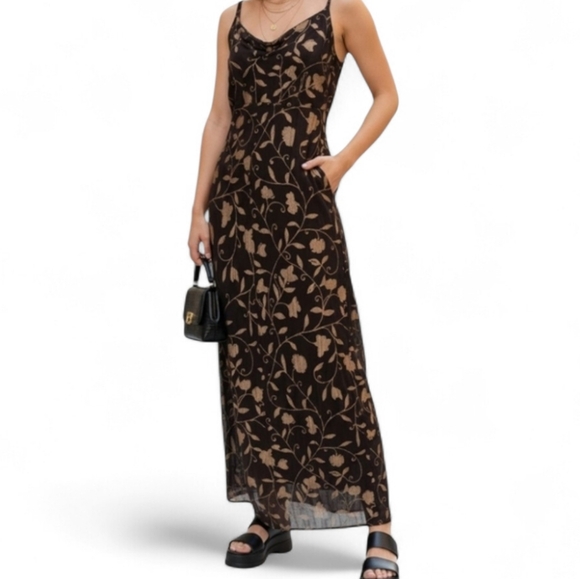 ​M.K Vintage Golden Brown Floral Vine Maxi Dress Fitted Grunge Y2K Indie L